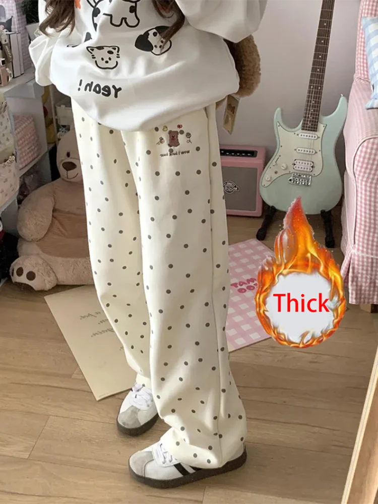 

Милые кавайные женские брюки в горошек с мультяшным принтом в консервативном стиле, милые широкие брюки, осень-зима, повседневные прямые брюки с высокой талией