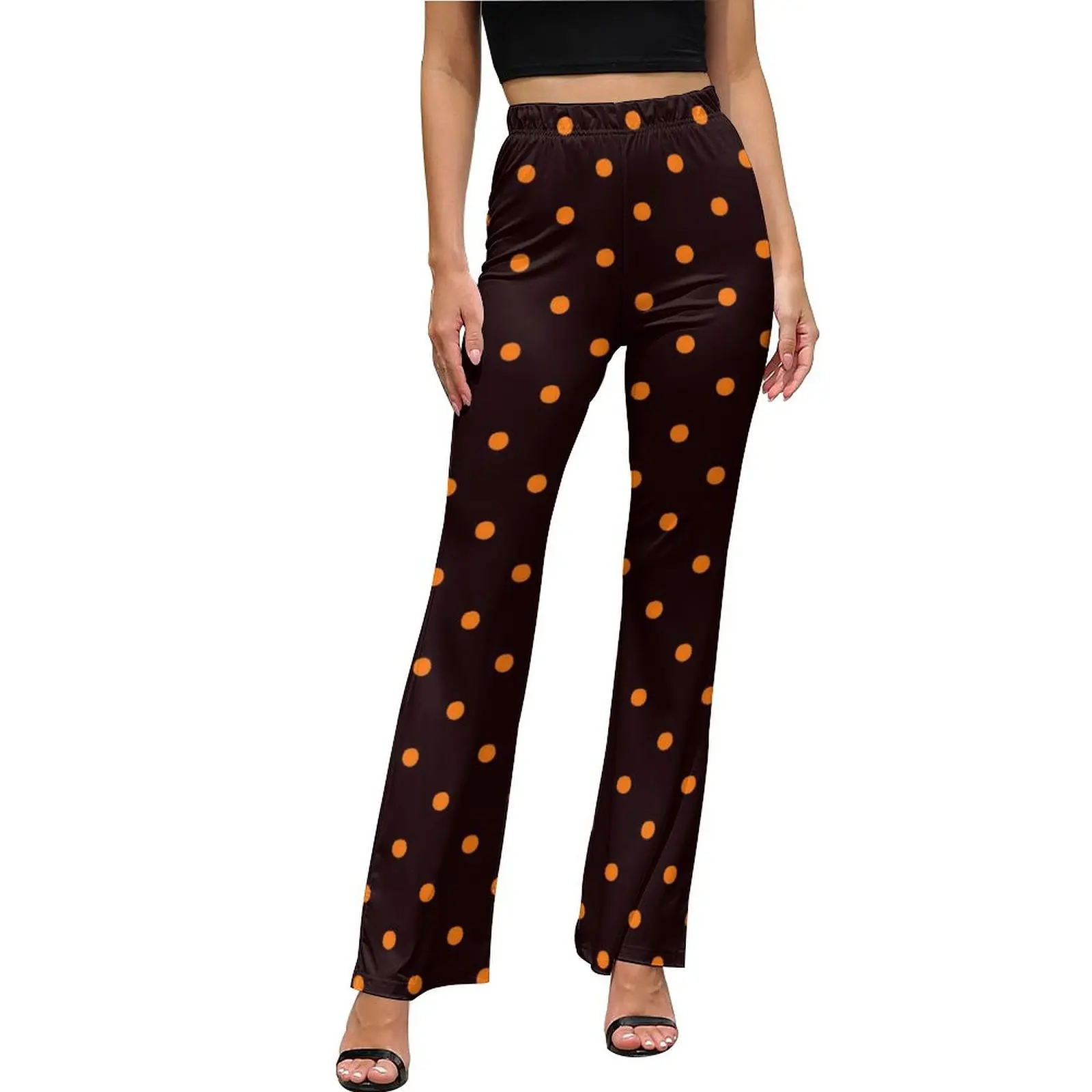 

Polka Dots Print Casual Pants Ladies Orange and Black Slim Aesthetic Flared Pants Summer Night Club Custom Trousers