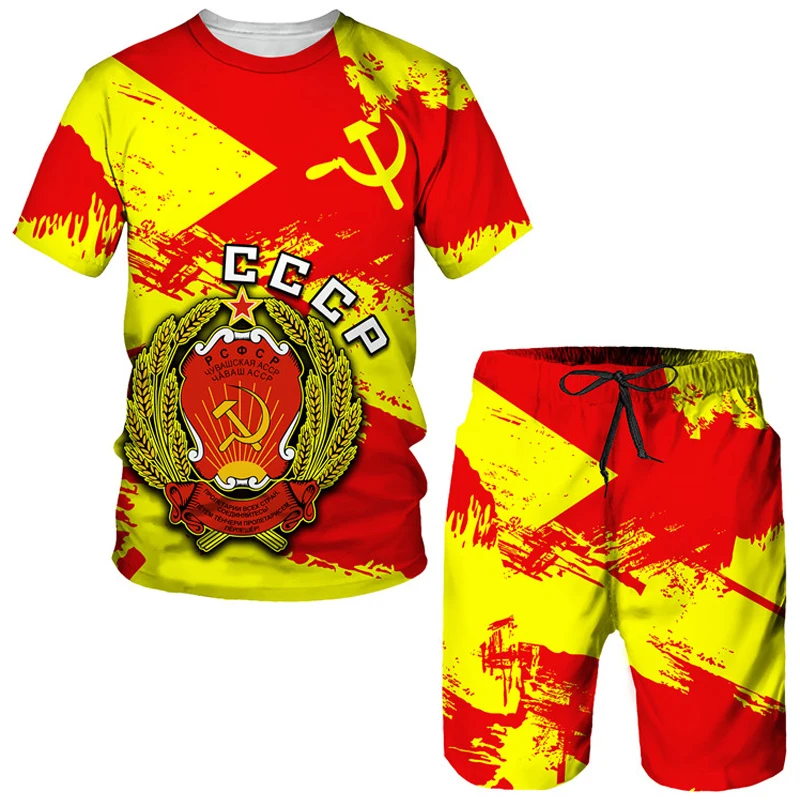 CCCP Russo Impressão 3D T-shirt e Shorts Set, União Soviética Estilo Streetwear, Ternos Sportswear extragrandes, Treino, 2 Peças