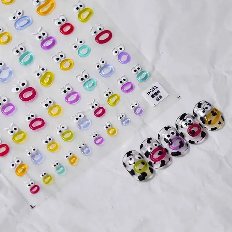 5D Mouth Monster Jelly Nails Stickers Kawaii Jelly Nail Art Decals Colorful Dopamine Embossed Mouth Monster Manicure Slider