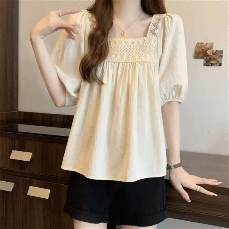 Women Summer Fashion Trend Loose Hollow Out Solid Color Square Collar Short Sleeve Shirts Women Clothes Casual All-match Tops