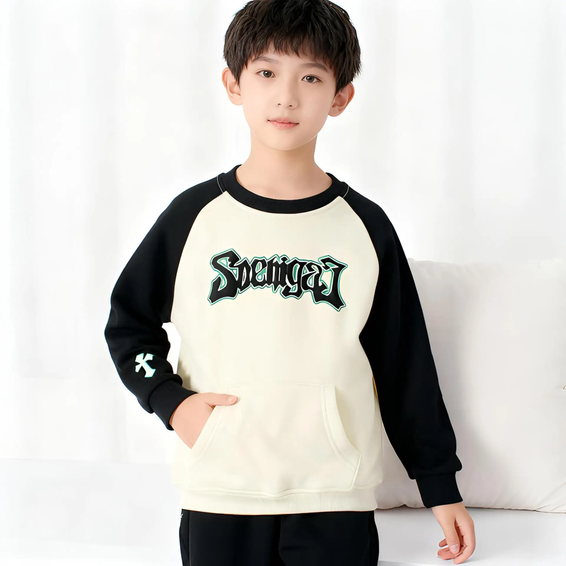 

Korean Style Boys Fleece Hoodie Cartoon Print Pullover Sweatshirt Autumn Winter Thermal Thickened Casual Top for Kids