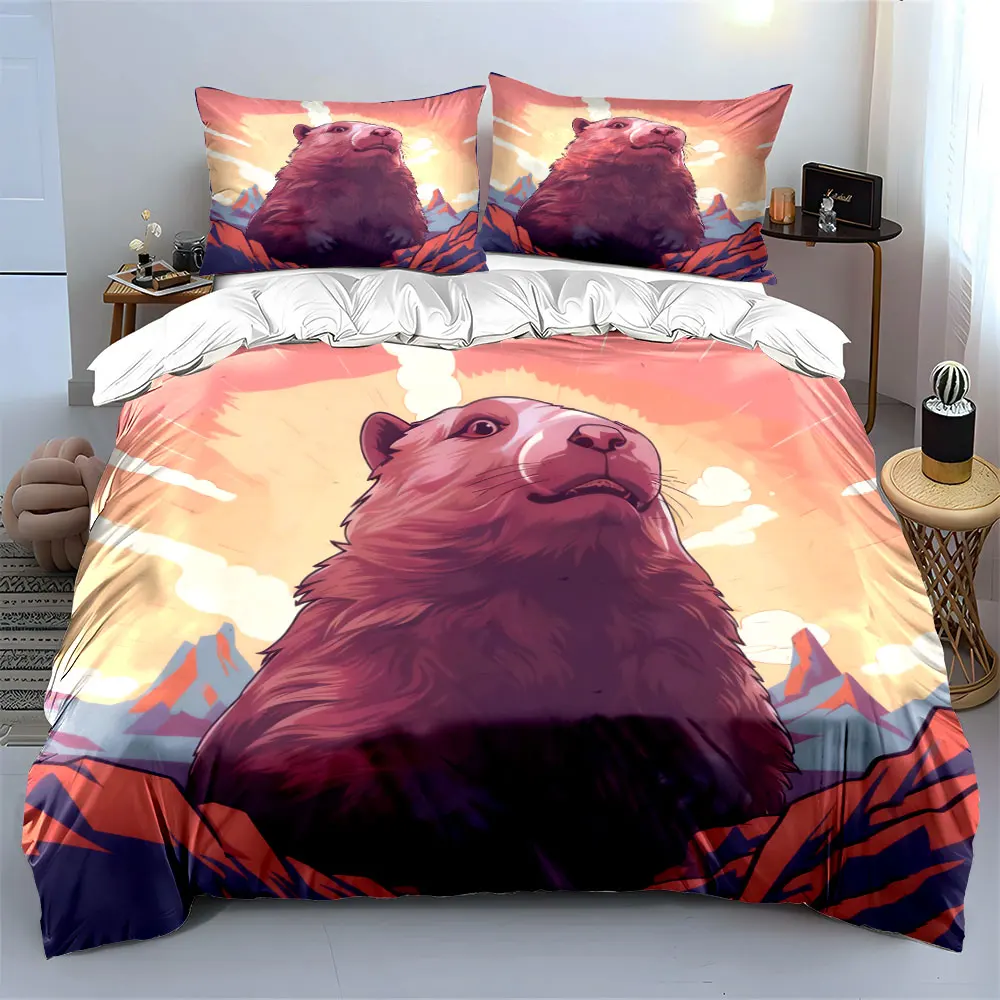 

3Pcs Marmot Bedding Set,Cute Groundhog in Pink Mountain Sunset Print Duvet Cover + 2 Pillowcases,Kids and adults Bedroom Decor