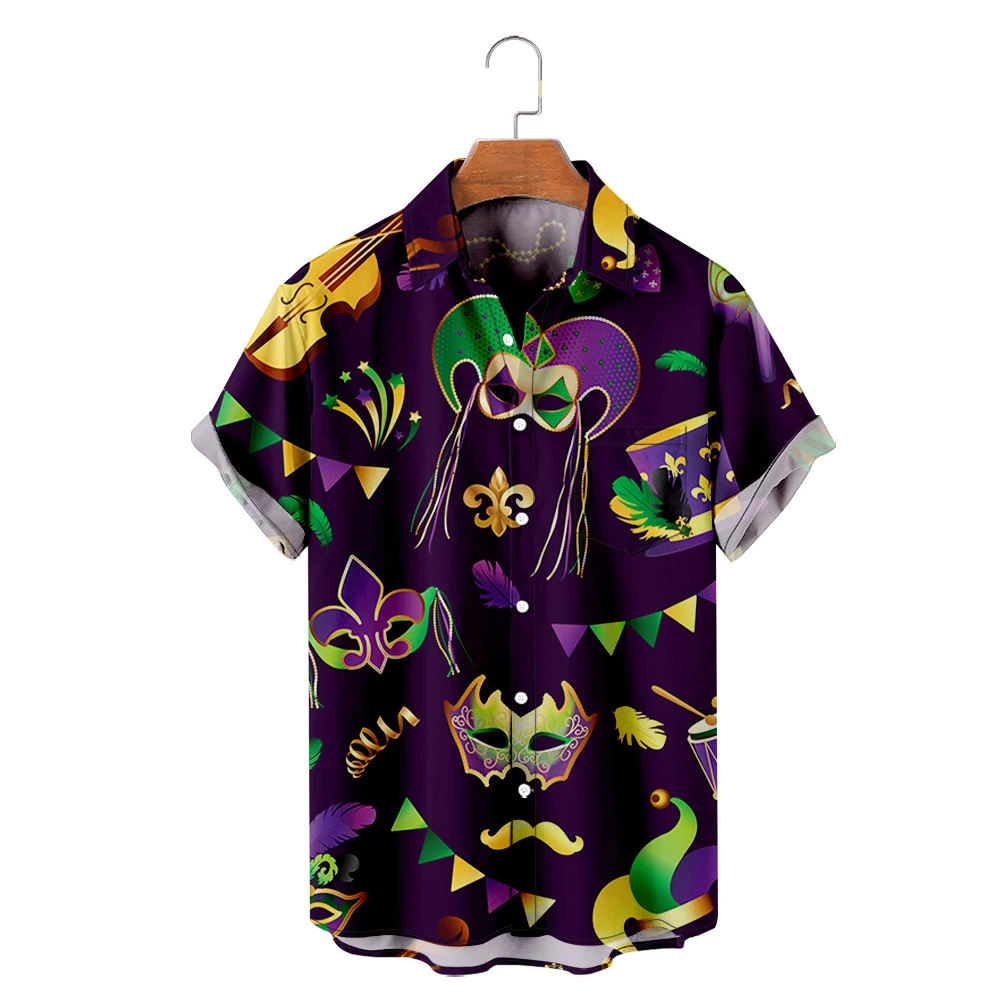 

Men's Mardi Gras Carnival Shirt Women Short Sleeve Button-up Pocket Shirts 3D Fashion Clothes
