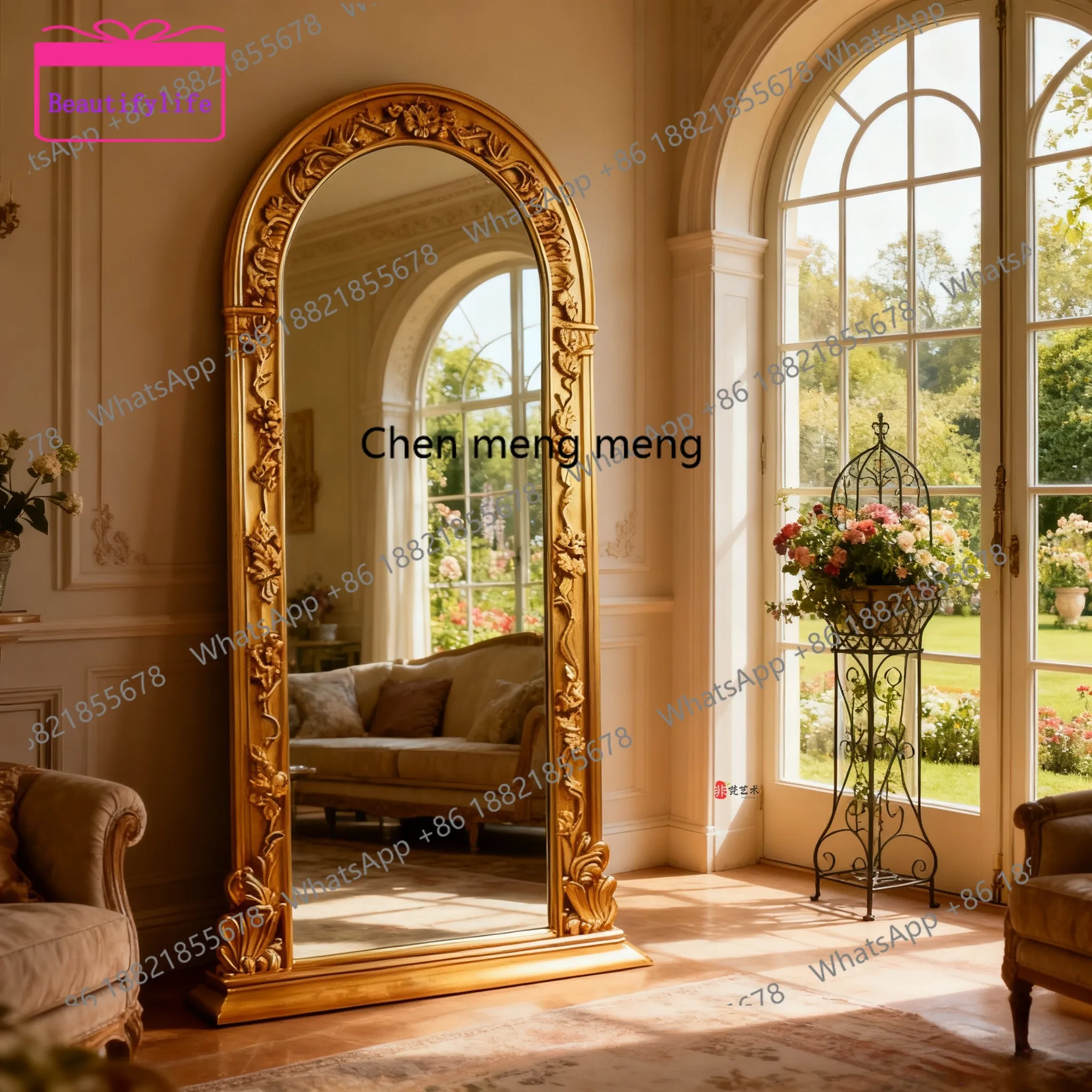 YL French retro carved arched full-body mirror European light luxury home floor mirror