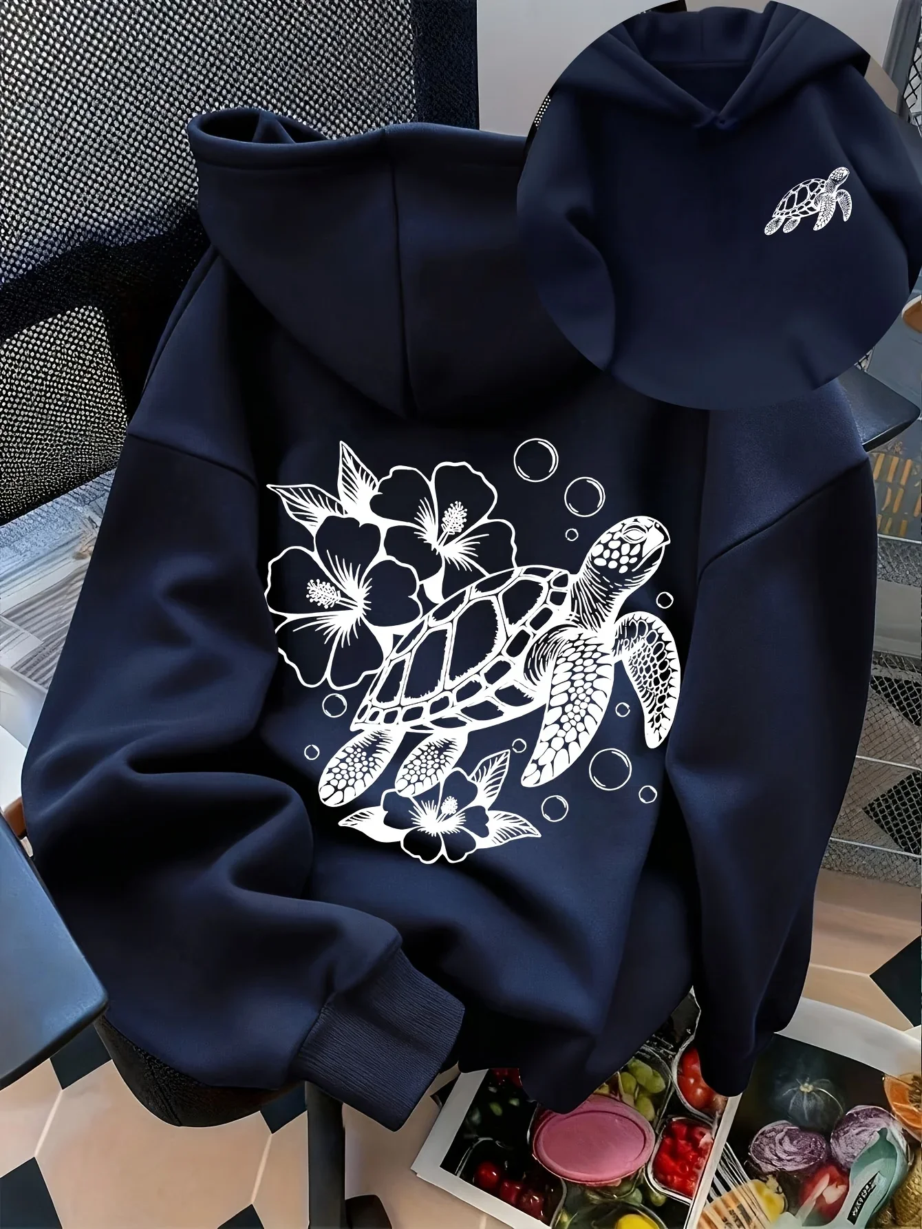 Men's Hawaiian Sea Turtle Sports Hoodie Hibiscus Flower Print Navy Oversized Pullover Streetwear Sweatshirt Spring Autumn