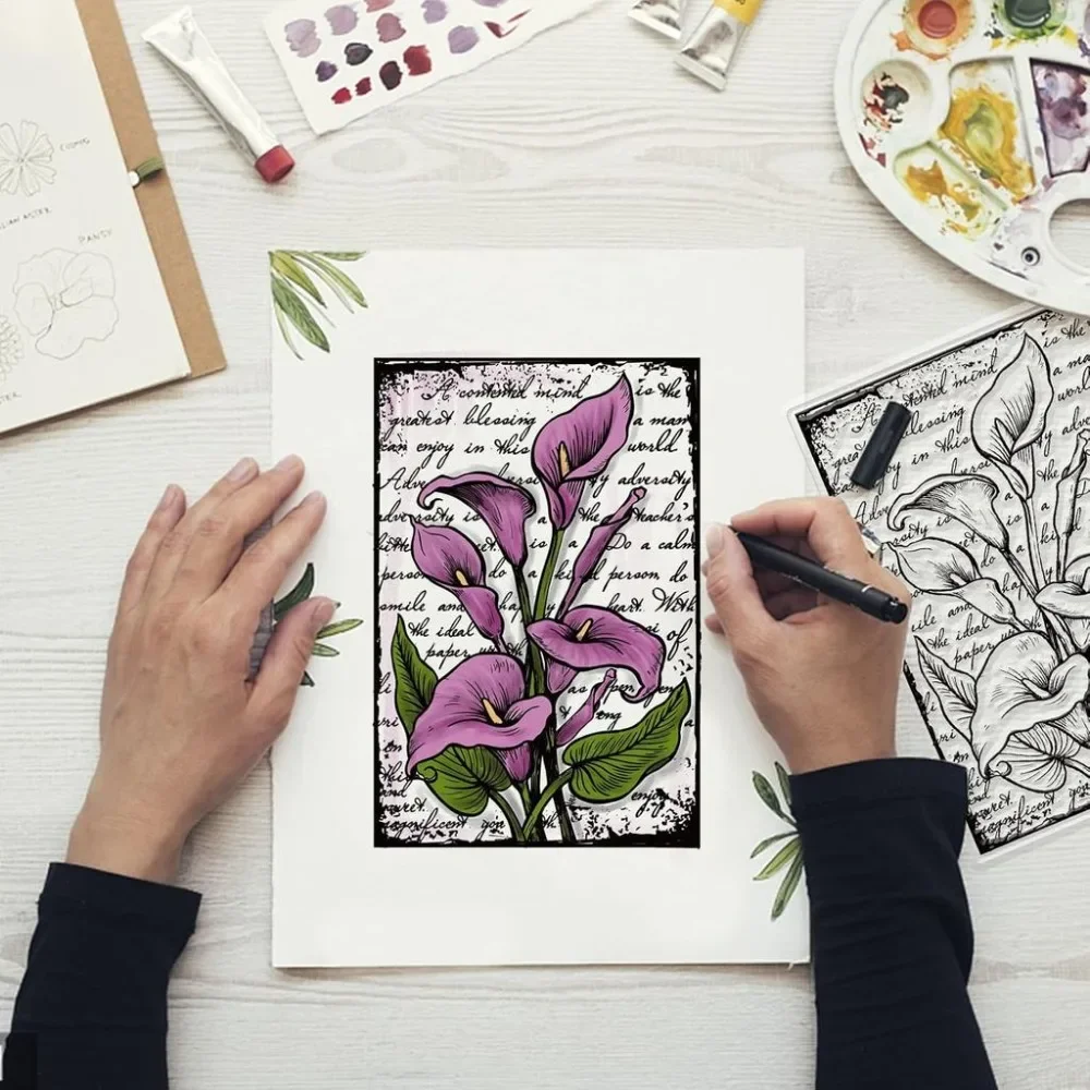 8.3x5.8in Calla Lily Background Clear Stamps Words Background Stamps Flowers Leaves Transparent Rubber Seal Stamps Album