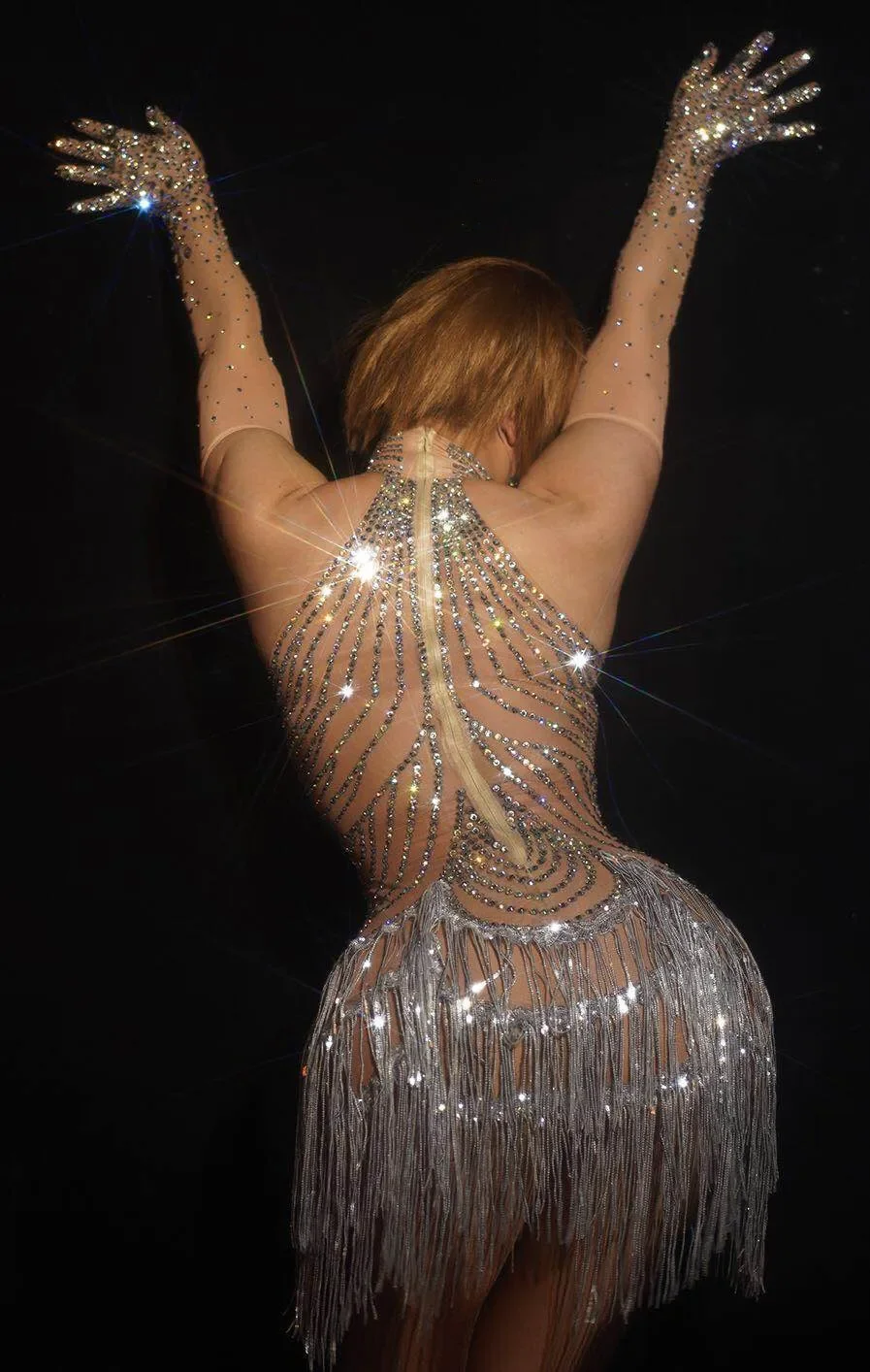 Vestido de borla de diamantes de imitación brillantes para mujer, malla elástica Sexy, perspectiva de red, vestido de cristal, disfraces de escenario de cantante, vestido de baile latino