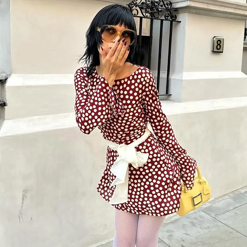 2026 Casual lunares manga larga cuello redondo Mini vestido de fiesta primavera Y2k mujeres ceñido Vestido corto ropa de calle Sexy Slim Fit diario