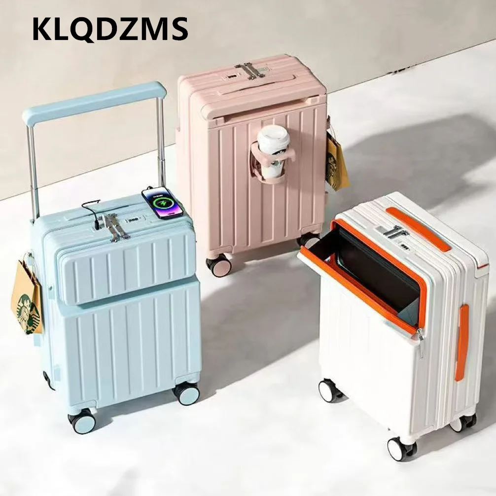 

KLQDZMS USB Charging Suitcase Front Opening Boarding Case Multifunctional Trolley Case 20"22"24"26 Inch Travel Bag Cabin Luggage