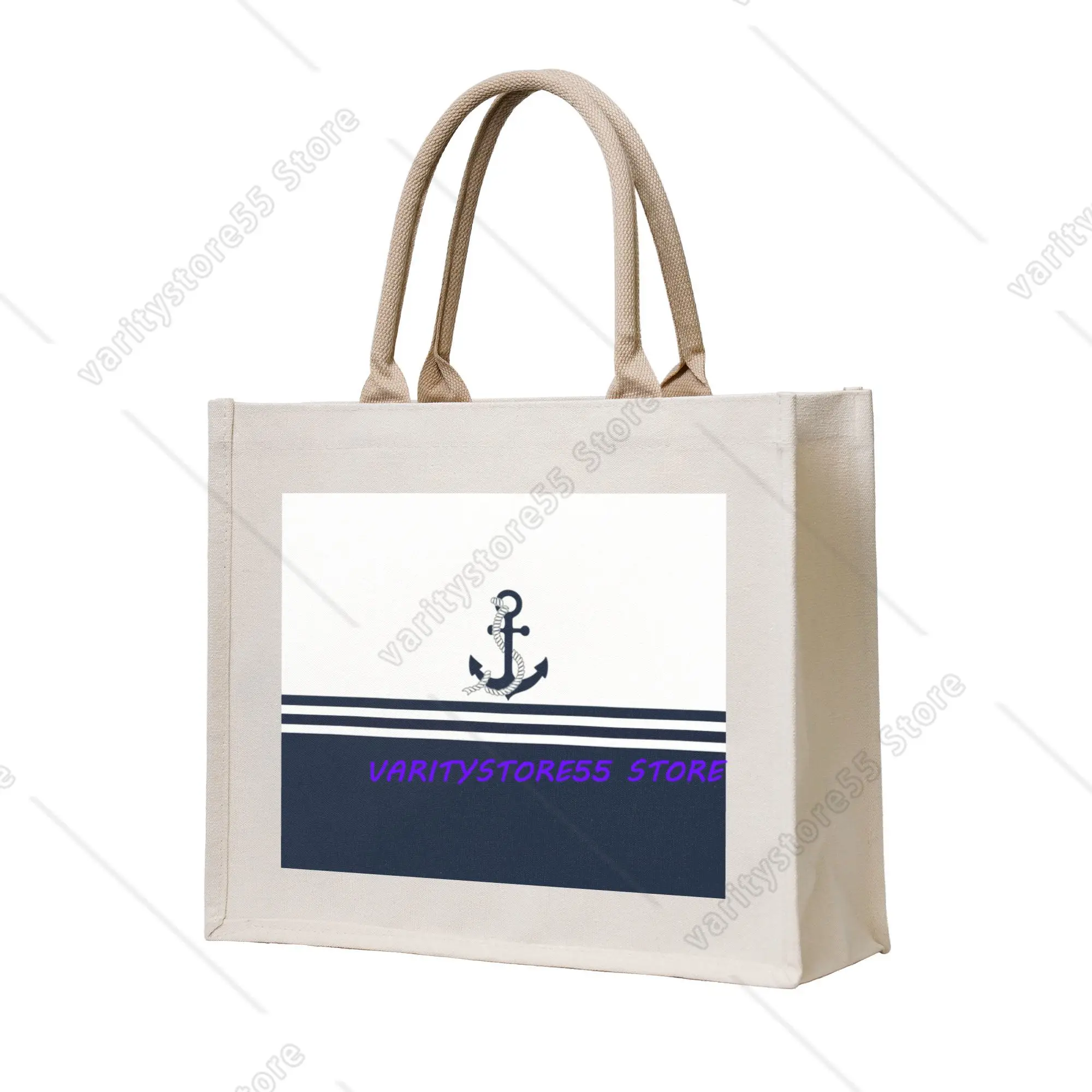 Kawaii Blue Stripes Nautical Anchor Boat Shopping Tote Bag Portable  Grocery Shoulder Shopper Bag
