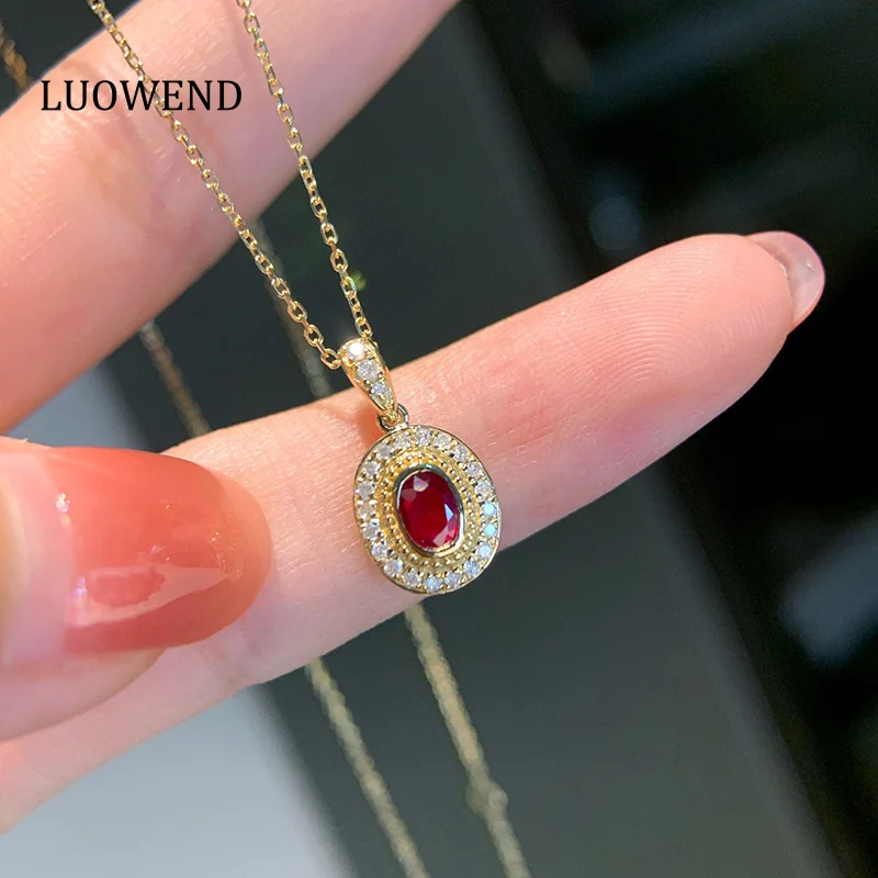 

LUOWEND 18K Yellow Gold Necklace Elegant Shiny Design Real Natural Diamond Natural Ruby Necklace for Women High Anniversary Gift