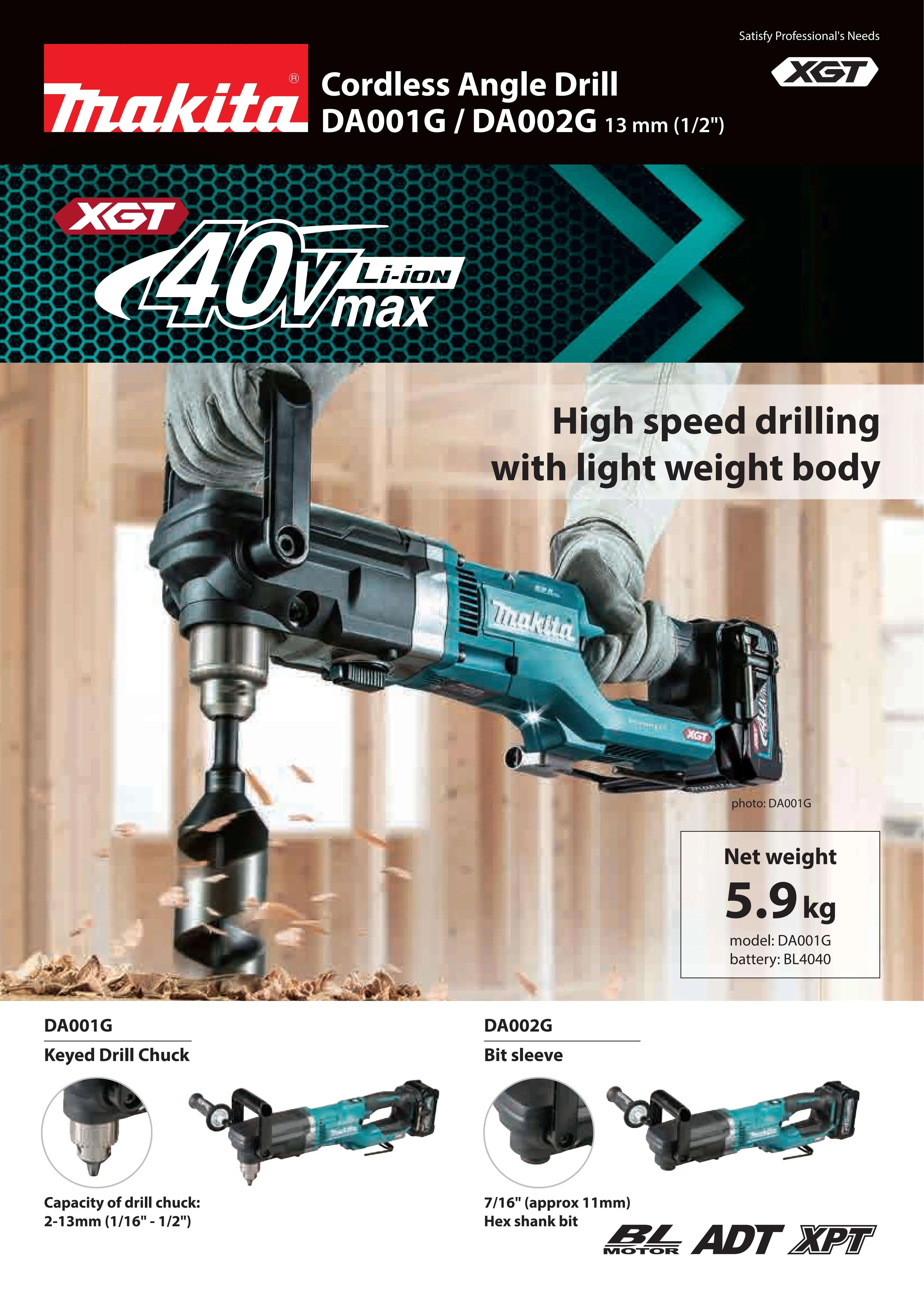 Makita DA001GZ Brushless Cordless Right Angle Drill XGT 40V Lithium Power Tools 1500RPM 136NM