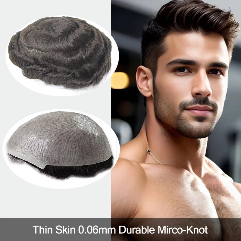 

Thin Skin Men Toupee 0.06mm Thickness Micro Knot Durable Human Hair System Front V loop Natural Hairline Male Wigs