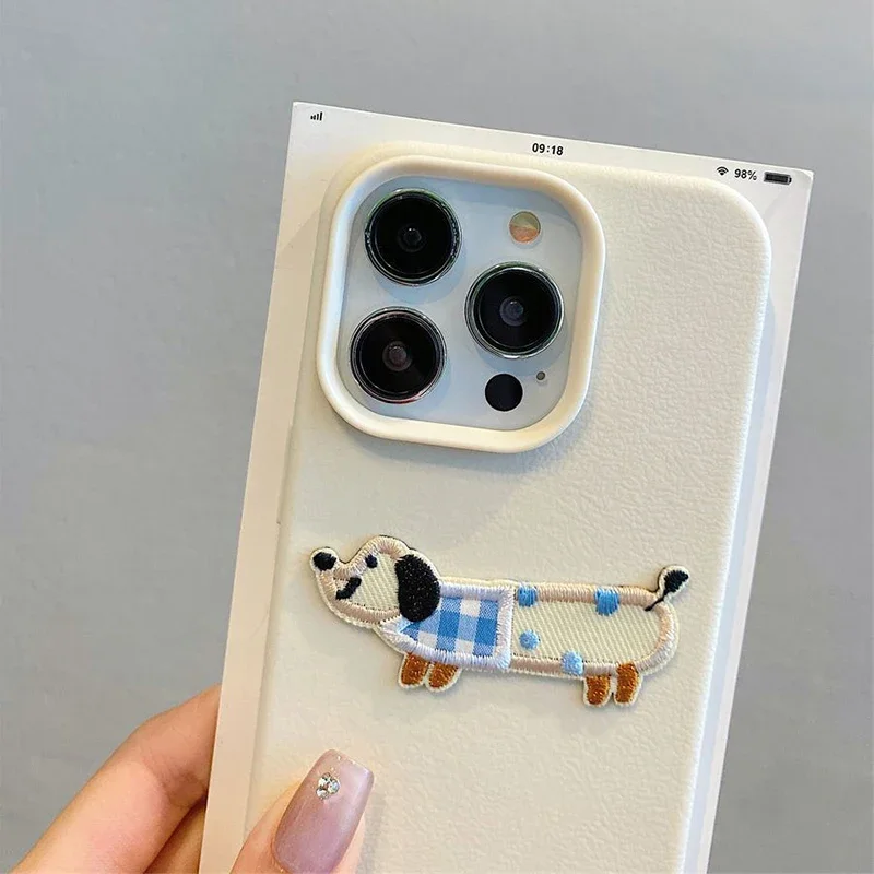 Korean Cartoon 3D Cartoon Embroidery Dog Phone Case For iPhone 16 17 Pro Max 15 14 Plus 13 12 11 Pro 16E 17Air Funny Puppy Cover