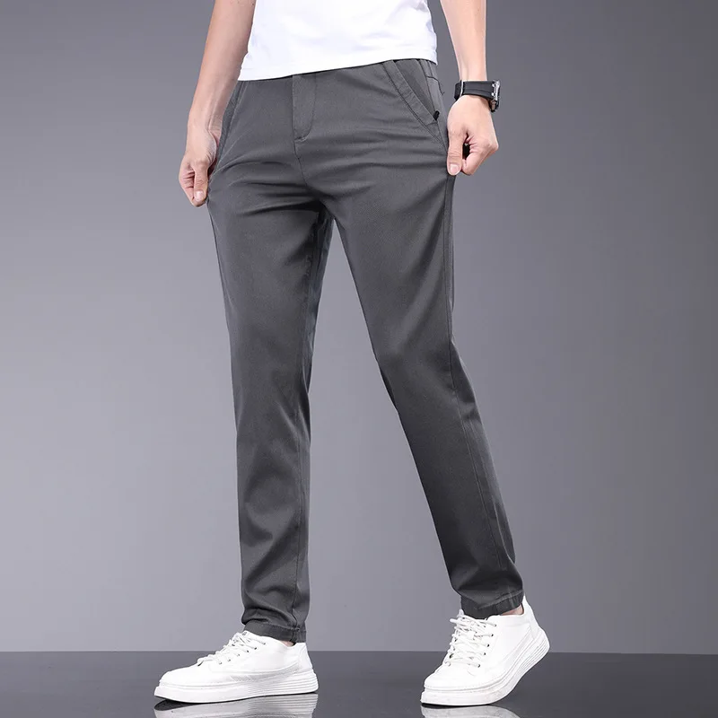 Pantalones informales de fibra de bambú para hombre, ropa de marca, tela elástica suave, delgada, cintura elástica, negocios, gris, verano, 38