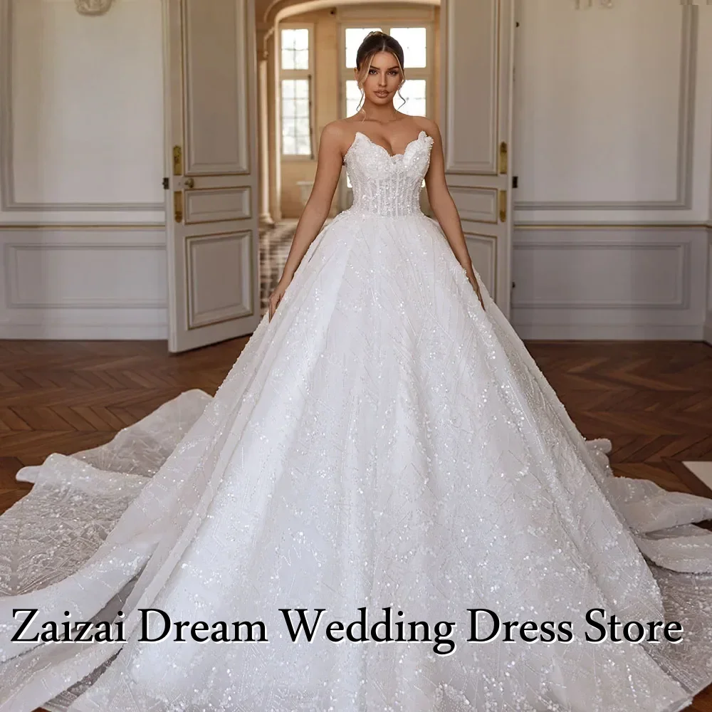 Customized Gorgeous Shiny A Line Wedding Dress Lace Applique Beaded Crystal Wedding Bridal Gown Vestidos De Novia