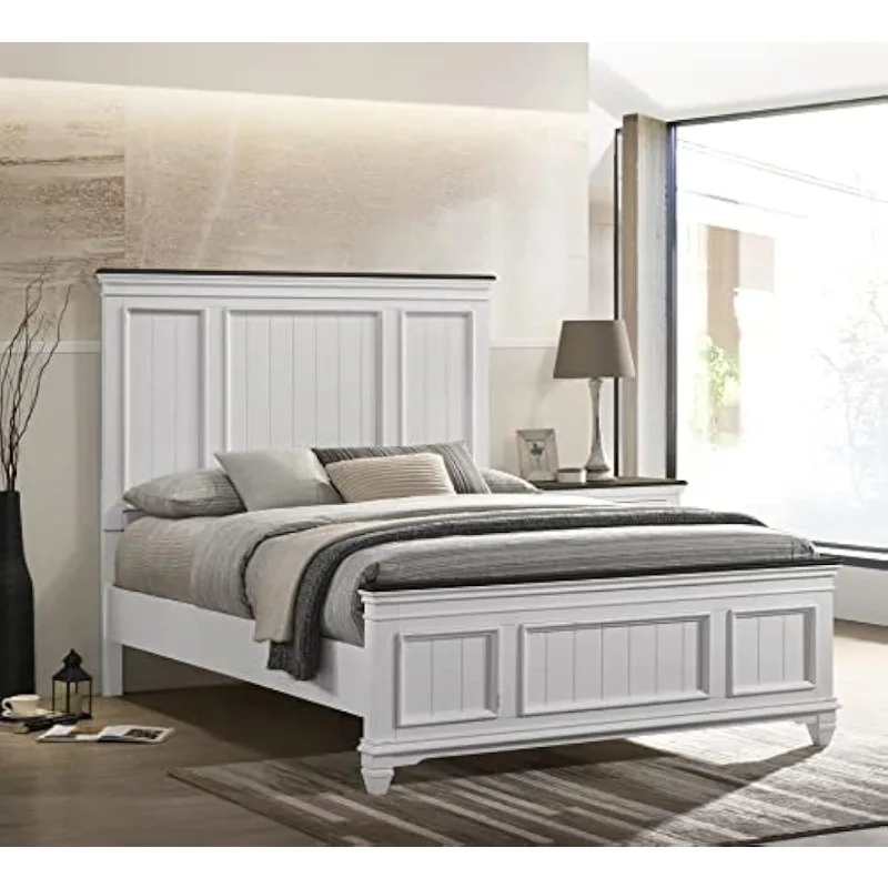 Clelane Shiplap Wood Panel Bed, Queen, Weathered White and Walnut