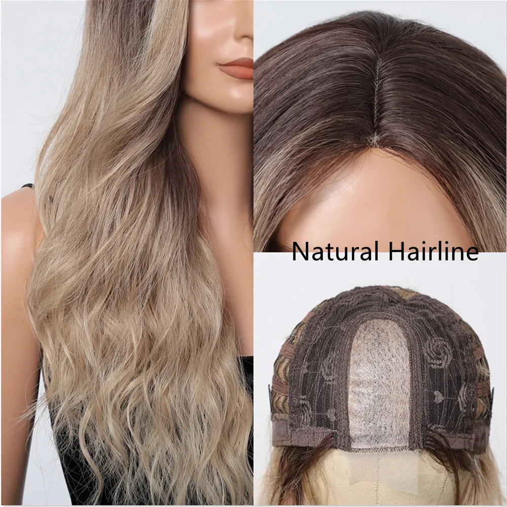 ALAN EATON Brown Blonde Long Wavy Synthetic Wigs Natural Hairline Hair Middle Part Ombre Wig for Women Daily Heat Resistant Wig