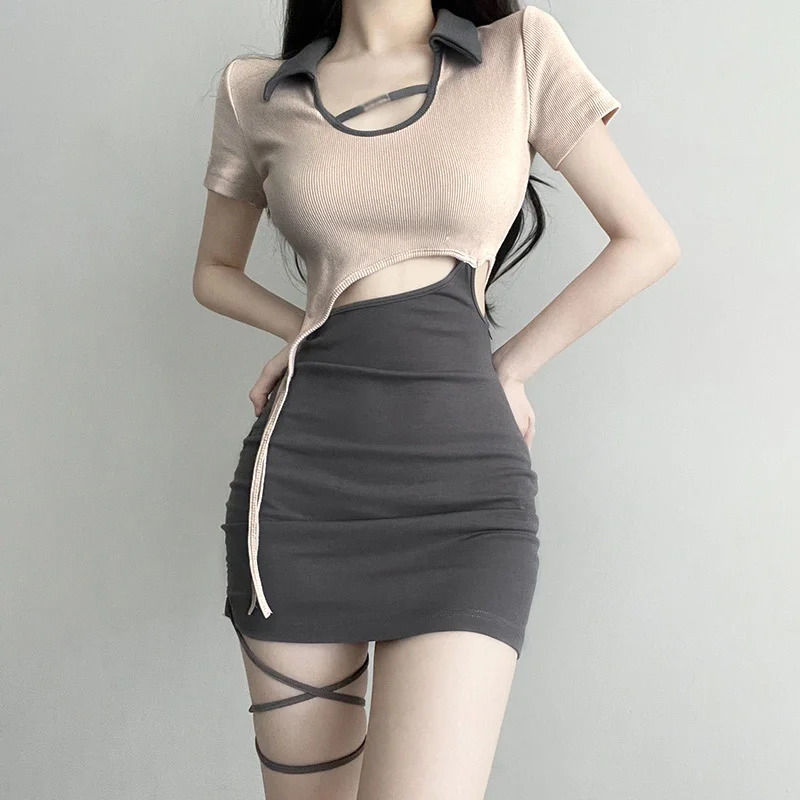 Bodycon Dress Hollow out American Retro Bandage Slim Sexy Women\'s Turndown Collar Short Sleeves Dress Contrast Color