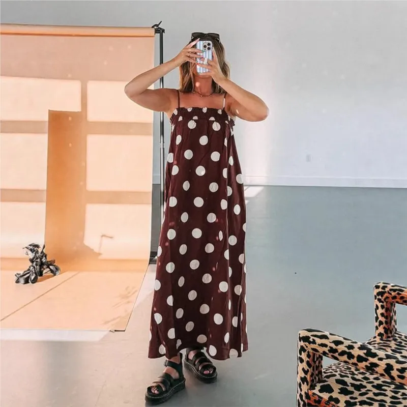 Vestido Elegante Sleeveless Spaghetti Straps Suspenders Polka Dot Print Long Dress Women's Summer Vacation Style Versatile Dress