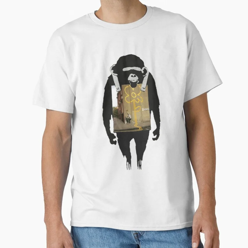 

Yellow Flower Banksy Chimp Funky Monkey Street art Gift T shirt for man Large size Tops chimpanzee Graphic Printed Clothes