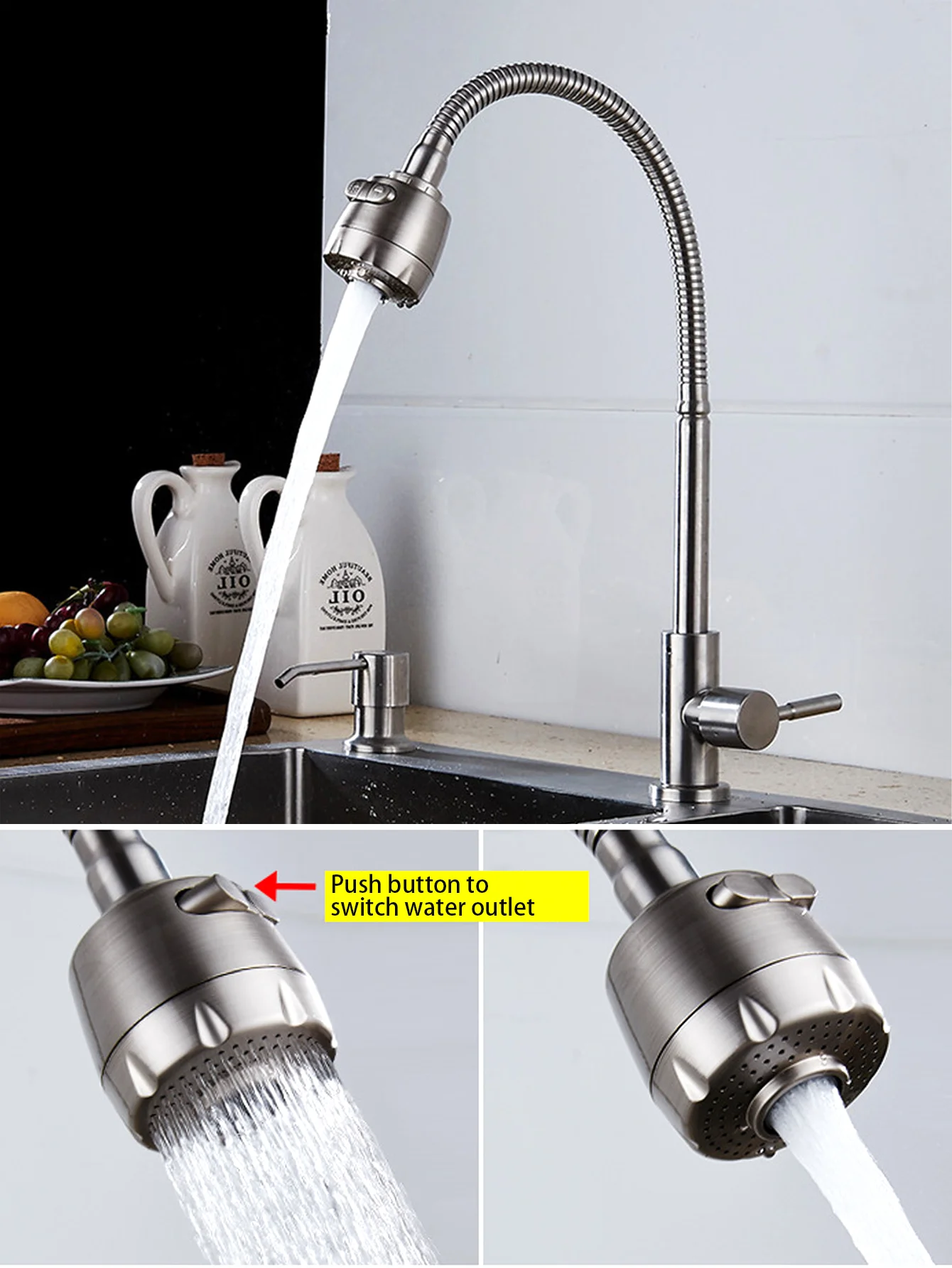 صنبور دوار 360 درجة، صنبور بارد، صنبور مطبخ من الفولاذ المقاوم للصدأ SUS304 مرن #4