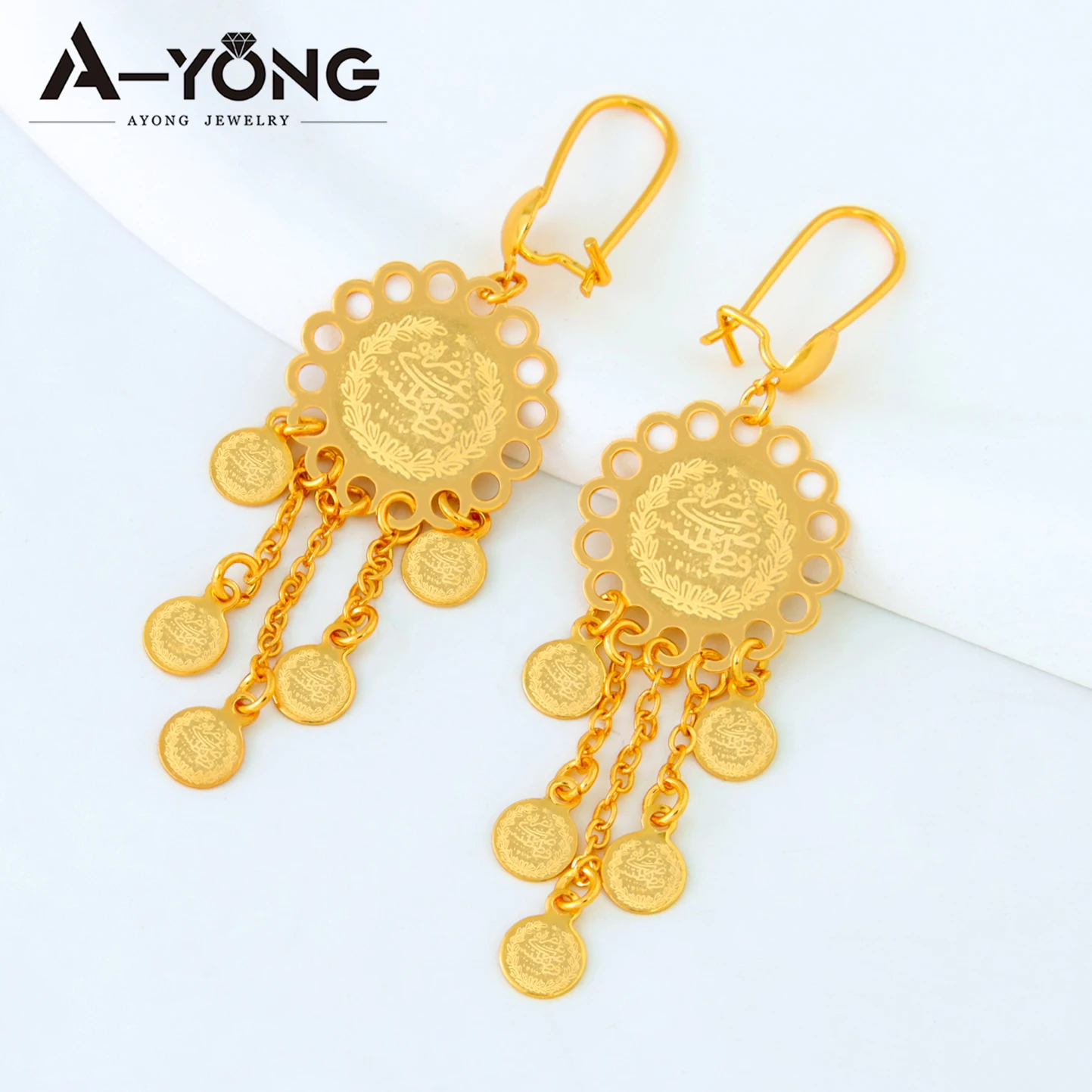 Arab Gold Color Coins Dangle Earrings 18k Copper Gold Plated Turkish Dubai Drop Earring Women Bridal Wedding Jewelry Gifts