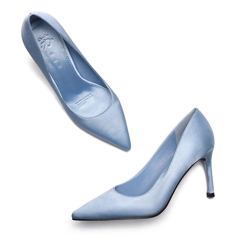 Young Girl Pure Color High Heels Women Spring Autumn Sky Blue Satin 8cm Pumps Pointed Toe Slip-on Fashion Daily Wear Work Shoes