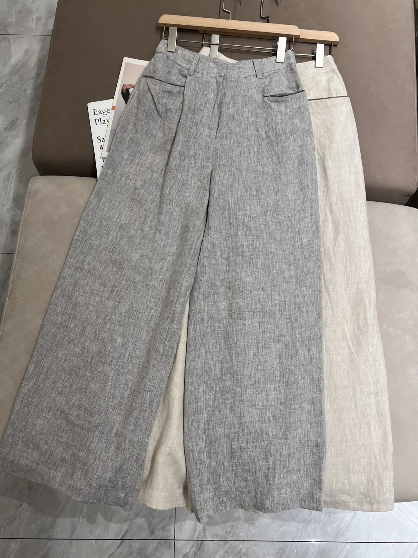 Casual summer high quality pure linen wide leg pants suit