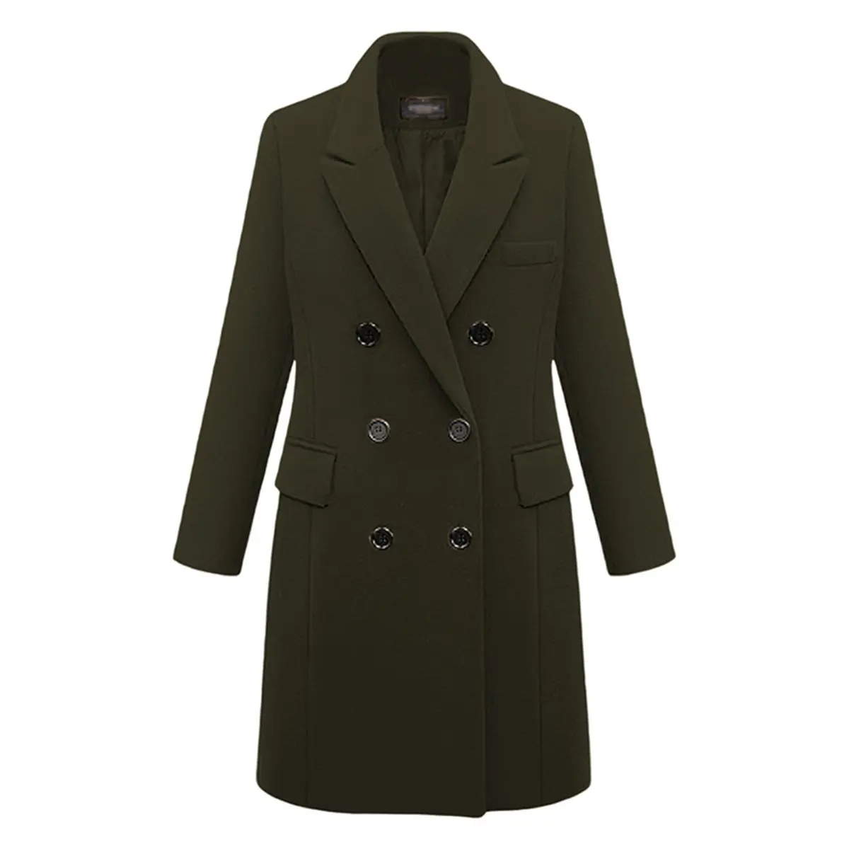 CYL-Damen-Mantel mit klassischem Revers, zweireihig, warm, Erbsenmantel, Mantel mit Taschen, Armeegrün, L