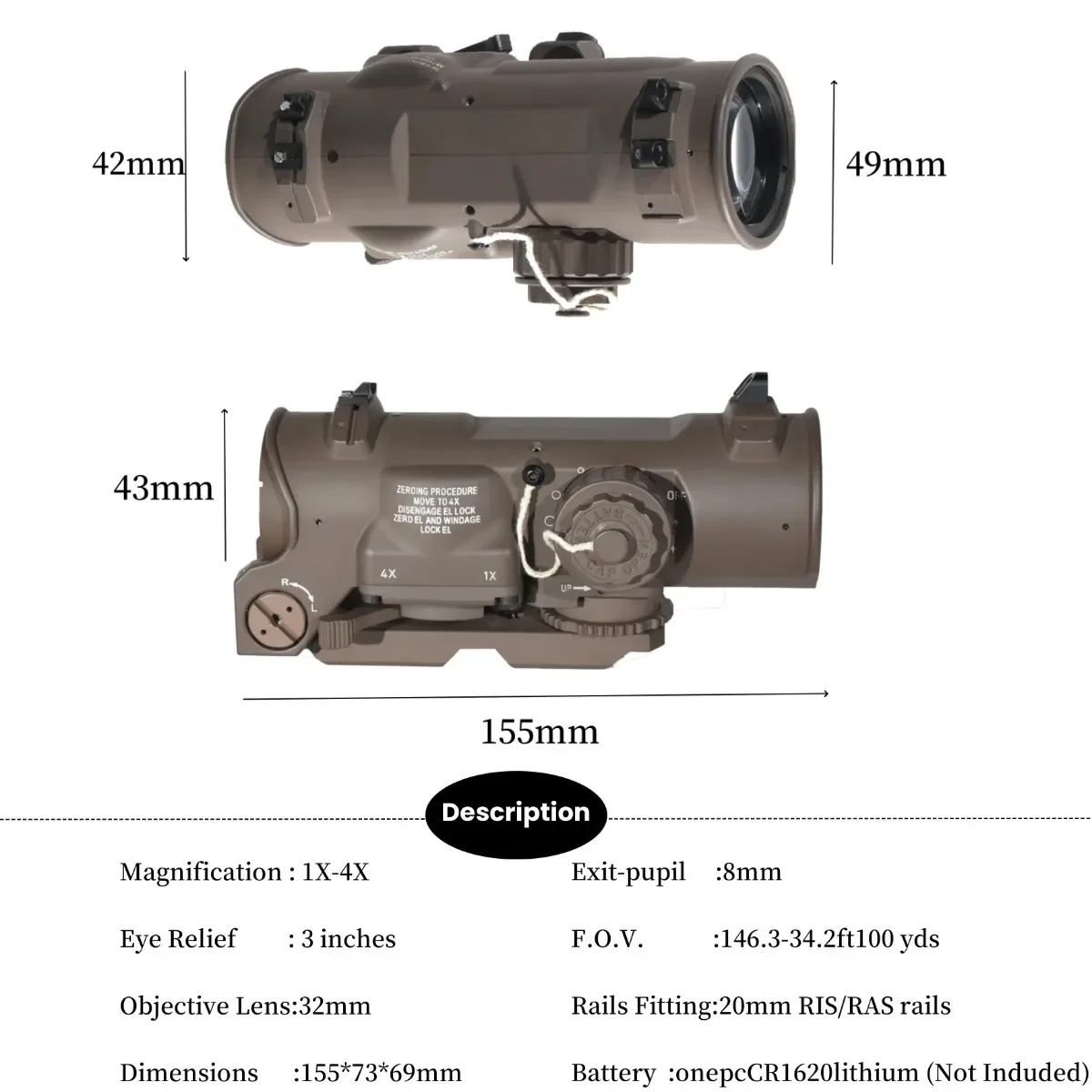 Fixed Dual Purpose 1x-4x Riflescopes Red Illuminated Reticle Tactical Magnifier Quick Detachable Airsoft Scope with Full Marking