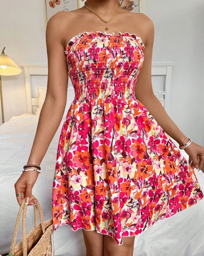 

Sexy Elegant Mini Dress for Women 2024 Summer Casual Simple Sleeveless Floral Print Bandeau Shirred Daily Vacation A Line Dress