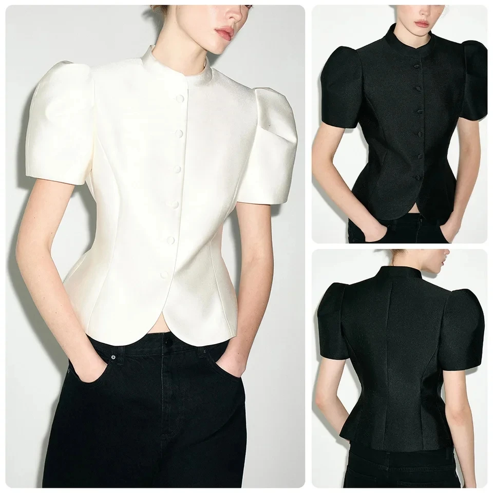 2026 New Women Autumn Stand Collar Puff Sleeve Top Retro Elegant Socialite Style Temperament Short Tailored Long Sleeve Top