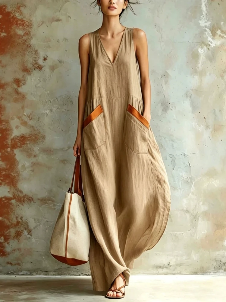 Women Boho Sleeveless Maxi Dress Deep V Neck Flowy Long Tank Dress Summer Casual A-line Loose Color Blocking Pockets Dresses - view 5