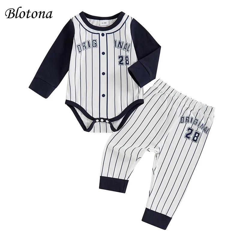 

Blotona Baby Boy Fall Baseball Outfit Stripe Print Long Sleeve Round Neck Romper with Long Pants 2 Pcs Set