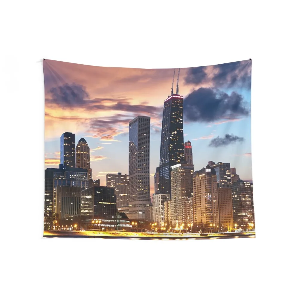 Chicago Skyline Downtown IL Sunset Tapestry Wall Coverings Decor For Room Room Decorator Tapestry