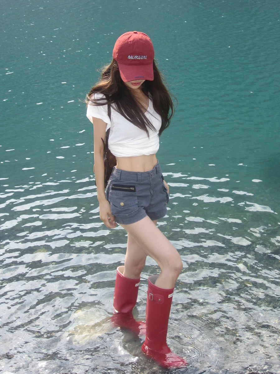 ReddaChic Acubi Fashion Gray Denim Shorts Low Rise Pockets Cargo Cropped Jeans Tight Bootypants Harajuku Summer Women Streetwear