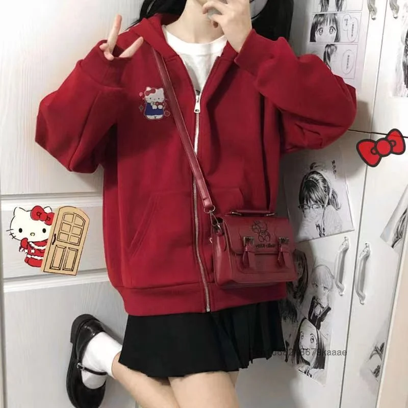 Sanrio Hello Kitty Female Student Korean Version Loose Hooded Cardigan Cute Sweet Y2k Girl Style New Fashion Casual Red Hoodie