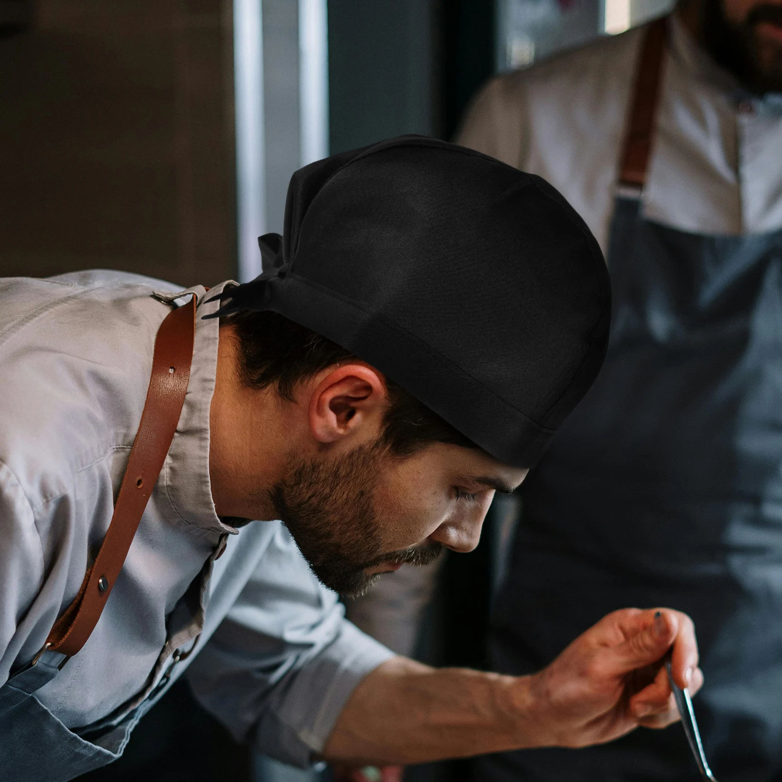 

Black Chef Hat Turban Kitchen Cap Beanie Catering Skull Cap Ribbon Adjustable Soft Size Fits Most Adults for Chefs