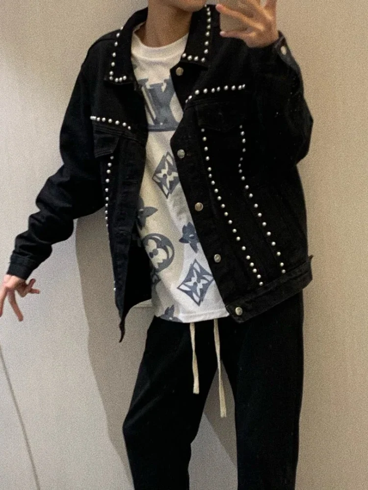 

Denim Jackets Streetwear Handsome Casual Daily Rivet Autumn Loose Teenagers Korean Style Fashion All-match Solid Outerwear Chic