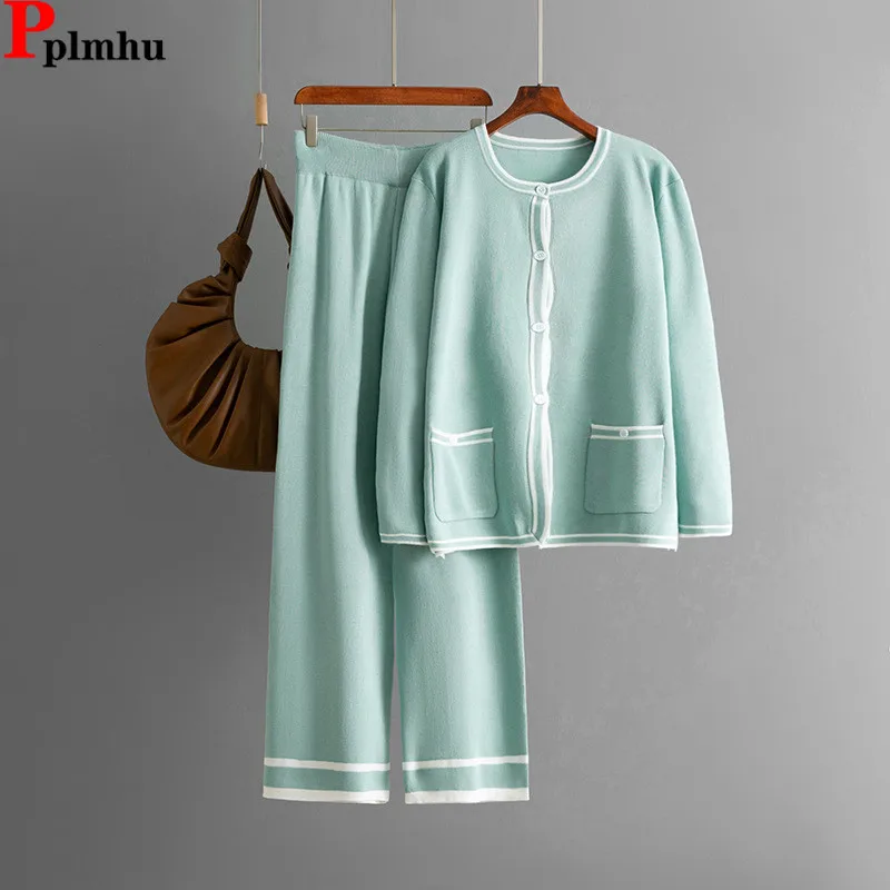 

Fashion Casual Knitted 2 Piece Sets Women O-neck Single Breasted Knit Cardigan Tops Conjuntos High Waist Straight Pants Outfit