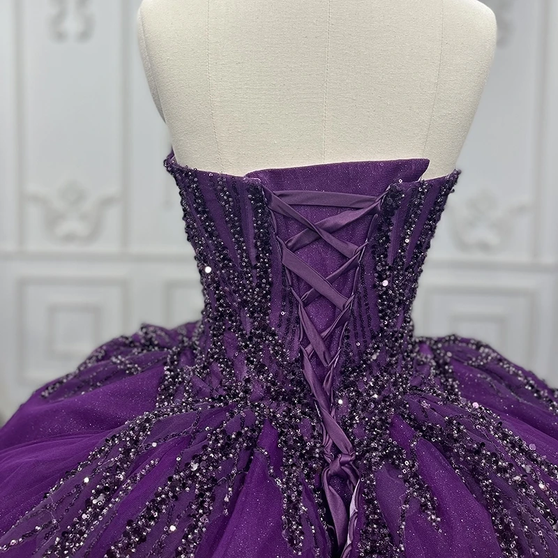 Purple Shiny Ball Gowns Quinceanera Dresses Sweetheart Appliques Lace Beading Tull Lacing up Party Birthday Vestido De 15 Anos