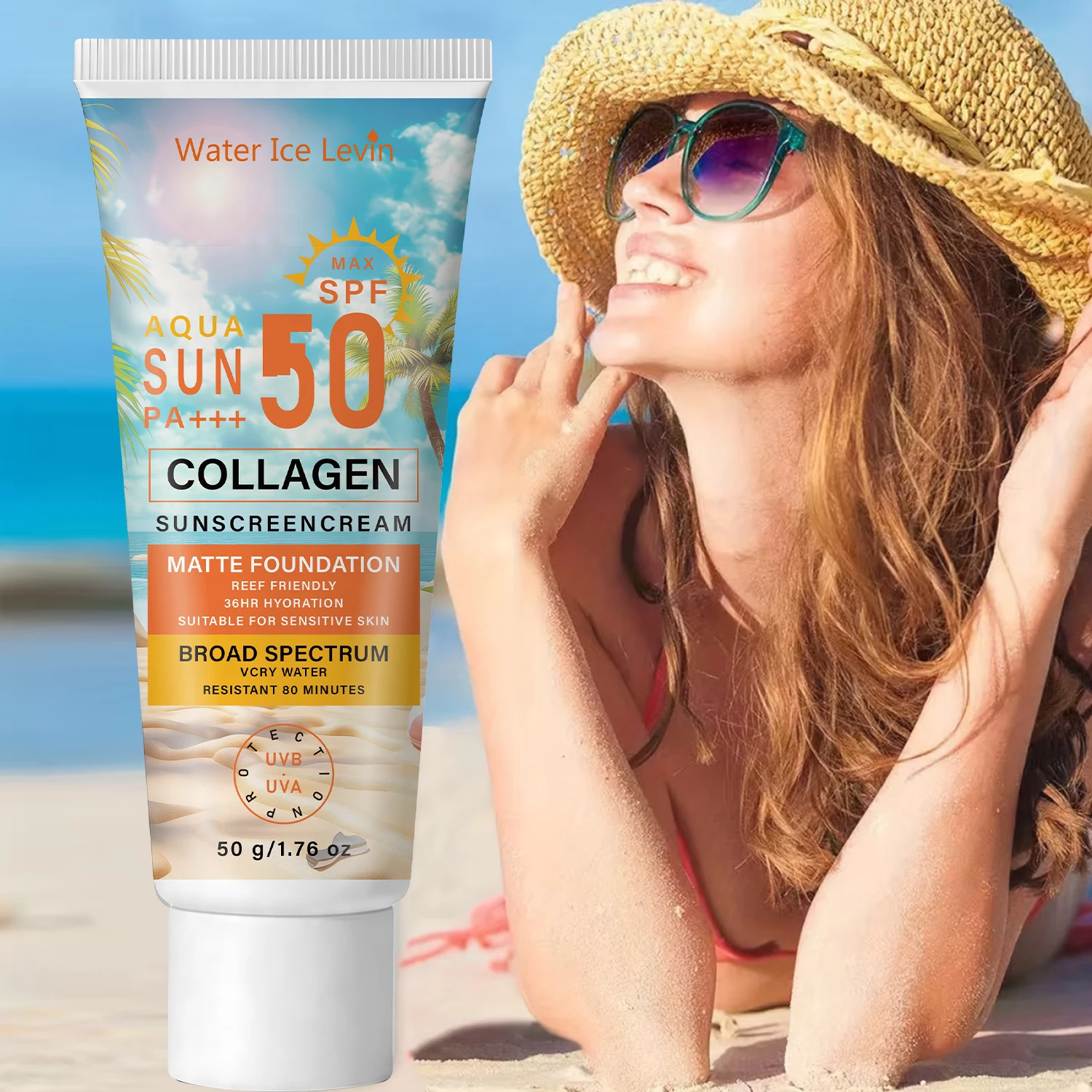 SPF50 PA+++ Sunscreen, 36HR Hydrating & Water Resistant Collagen Sun Care