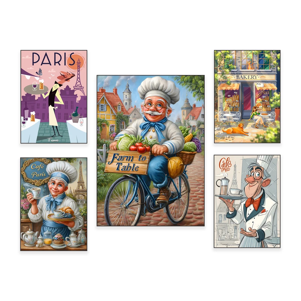Cartoon waiter in Paris cafe, kneading dough in kitchen, chef and wine, cooking and farm fresh produce, bakery, kitchen poster