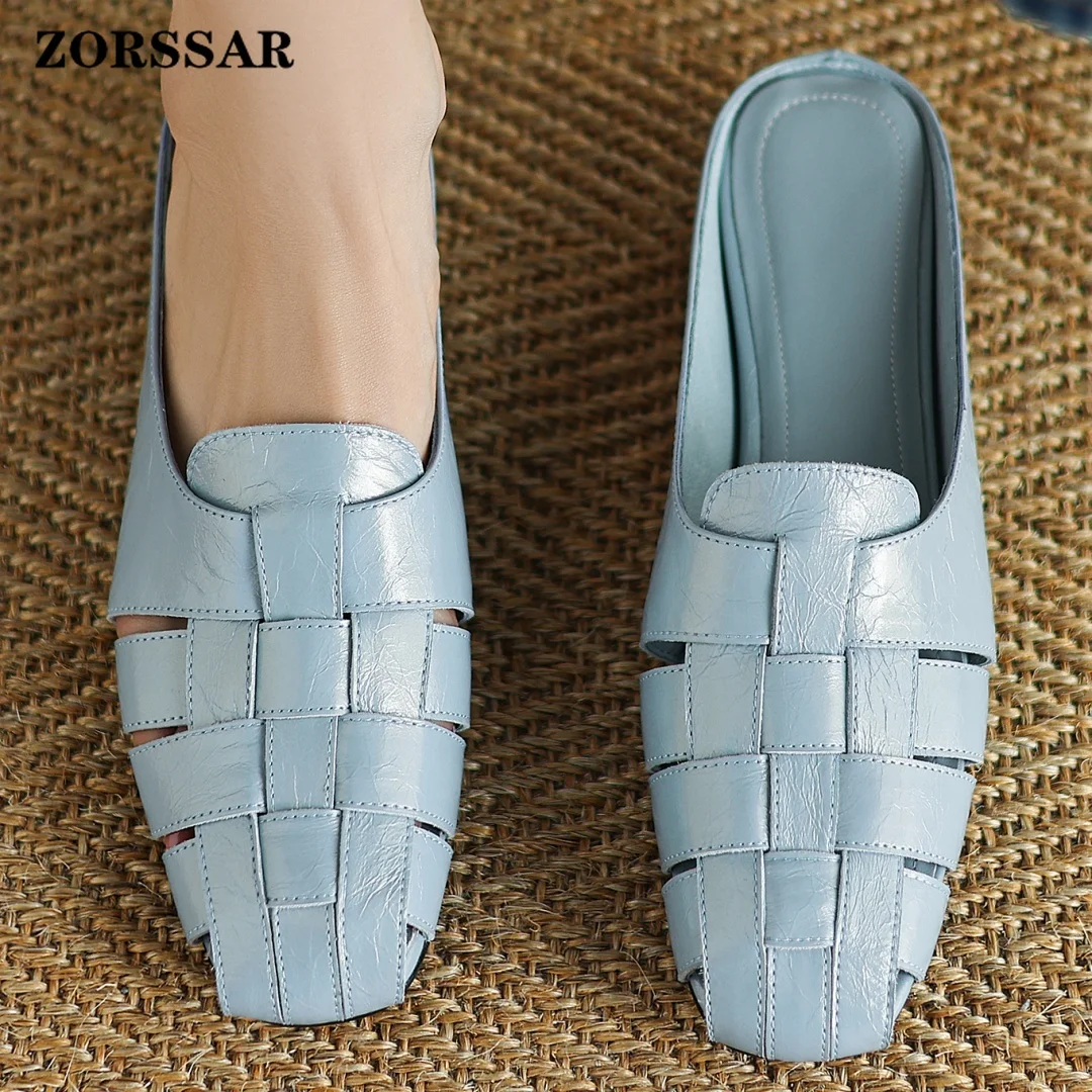 Plus Size 34-41 Women's Cow Leather Narrow Band Braided Square Toe Slip-on Flats Summer Slides Sandals Casual Shoes
