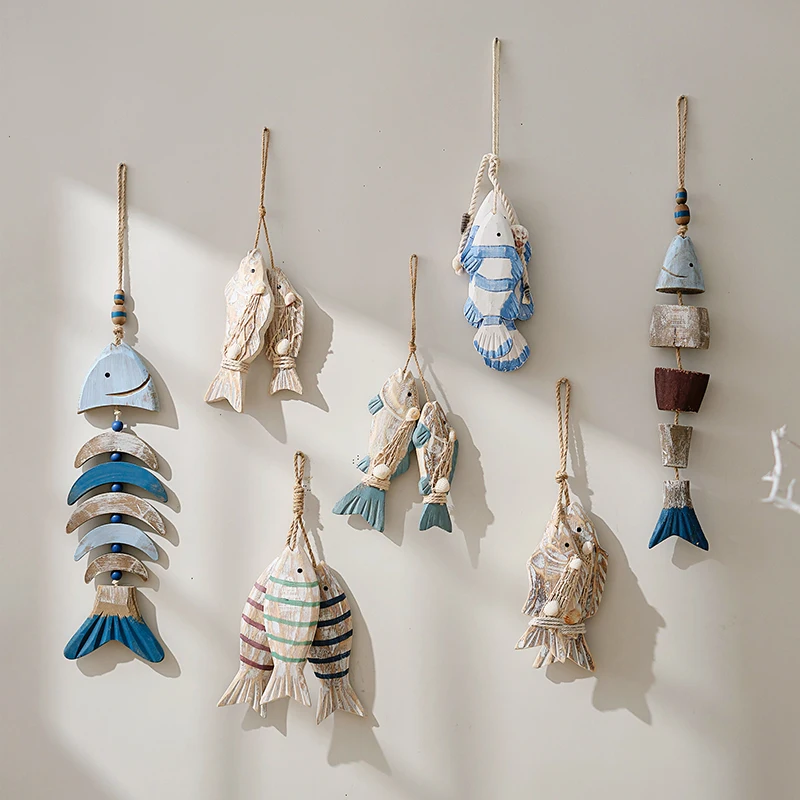 handmade solid wood string, fish wall decoration American country, wall decoration wall decoration, fish string decoration