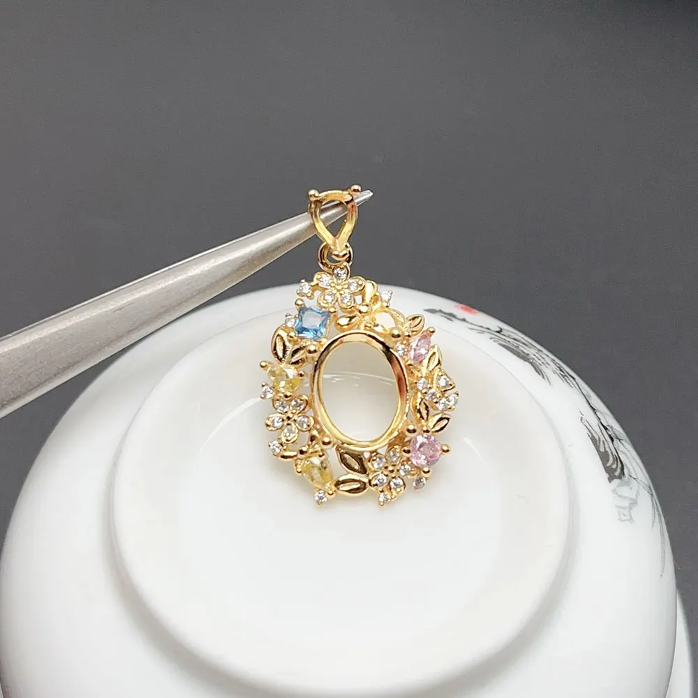 Dazzling 925 Silver Pendant Setting with Multi-color Zircon 8mm*10mm Oval Gemstone Semi Mount Pendant Setting for Jewelry DIY