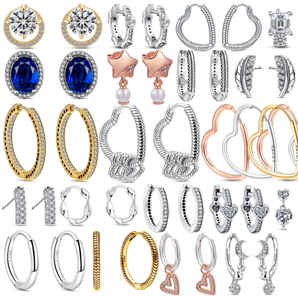 New Original 925 Sterling Silver Earrings Stud Hoop Crystal Earings For Women Rose Gold Crown Heart Infinity Bee Earing Jewelry