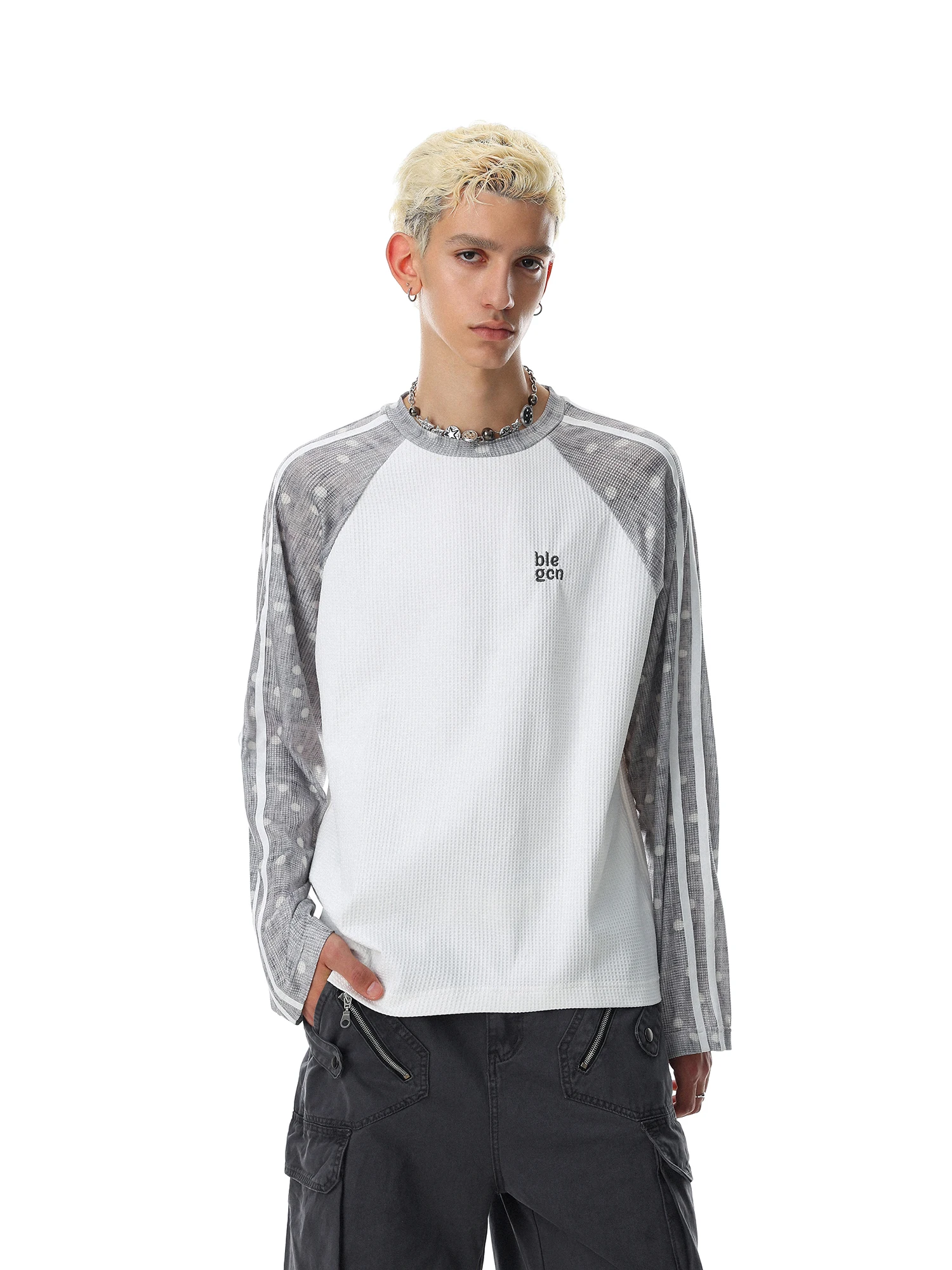 Retro American Color Block Splice Long Sleeve T-Shirt Men Women Loose Polka Dot Embroidery Casual Top MRNEARLY round Neck